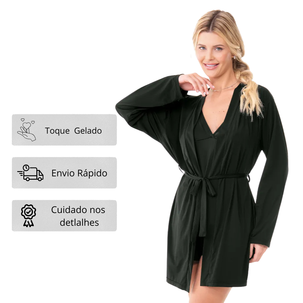 Robe Feminino Liganete Preto Manga Longa com Cinto