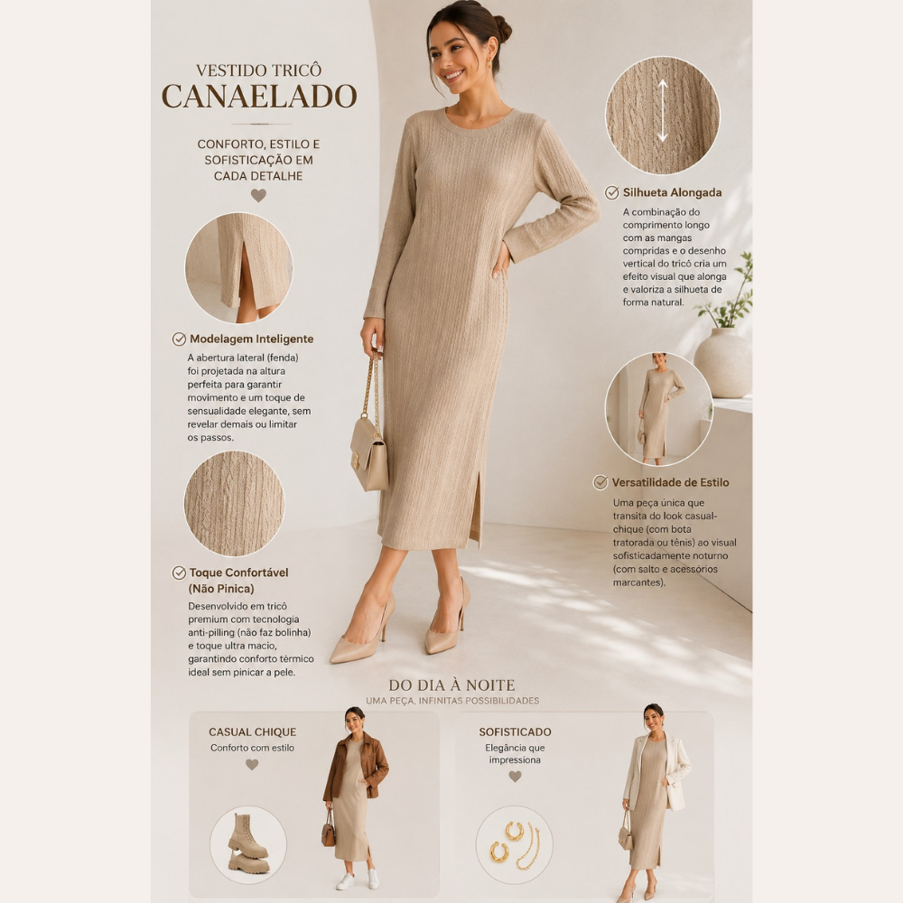 Vestido Longo Tricô Manga Longa com Fenda Lateral