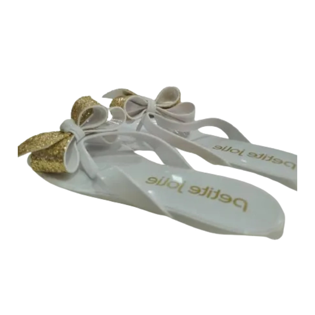 Chinelo J-Lastic Branco com Laço Duplo em Glitter Dourado Petite Jolie