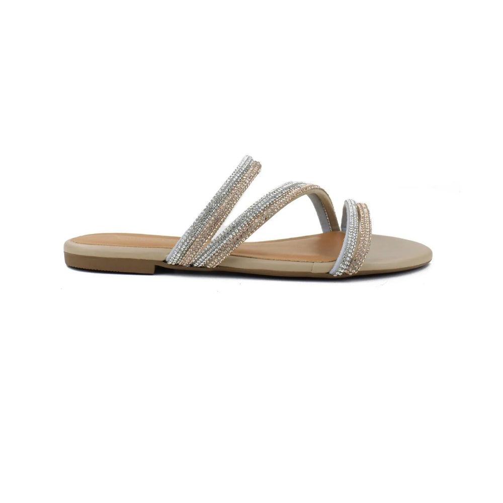 Sandália Rasteira Feminina Bege com Tiras em Strass