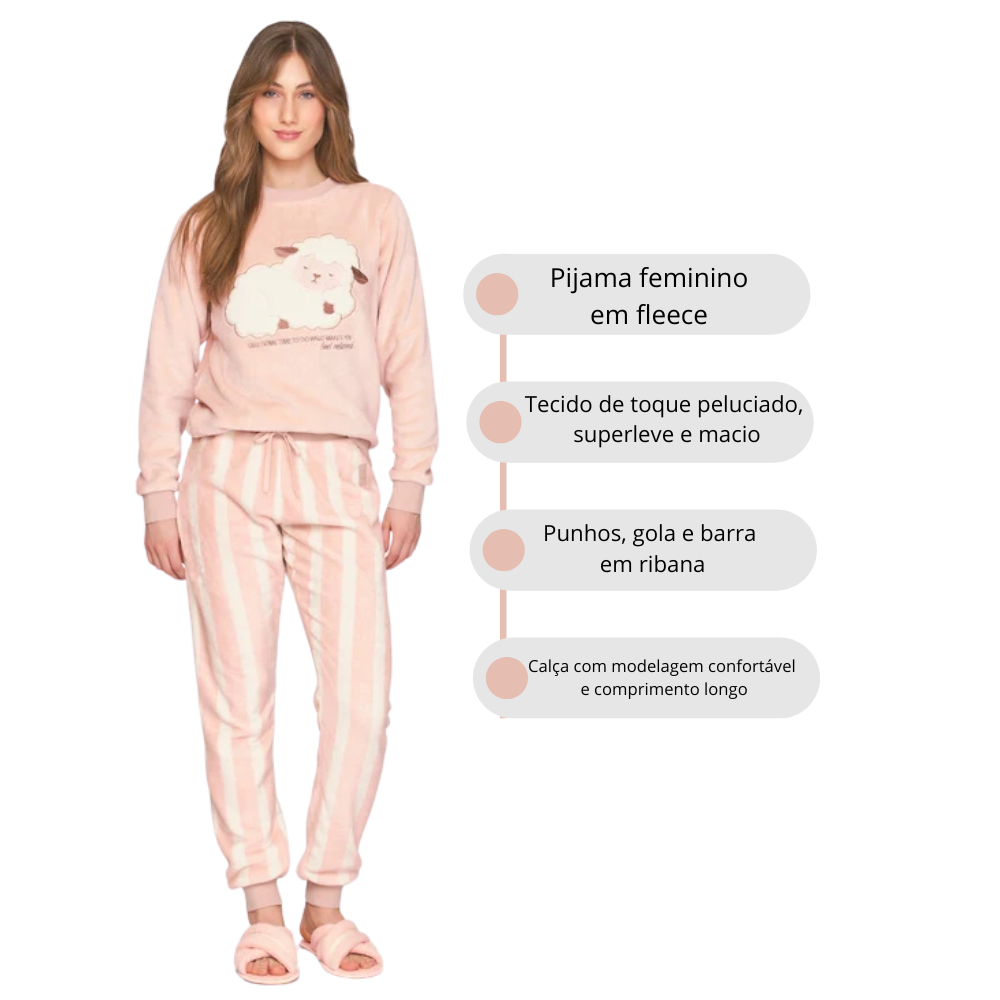 Pijama Feminino em Fleece com Bordado Counting Sheep