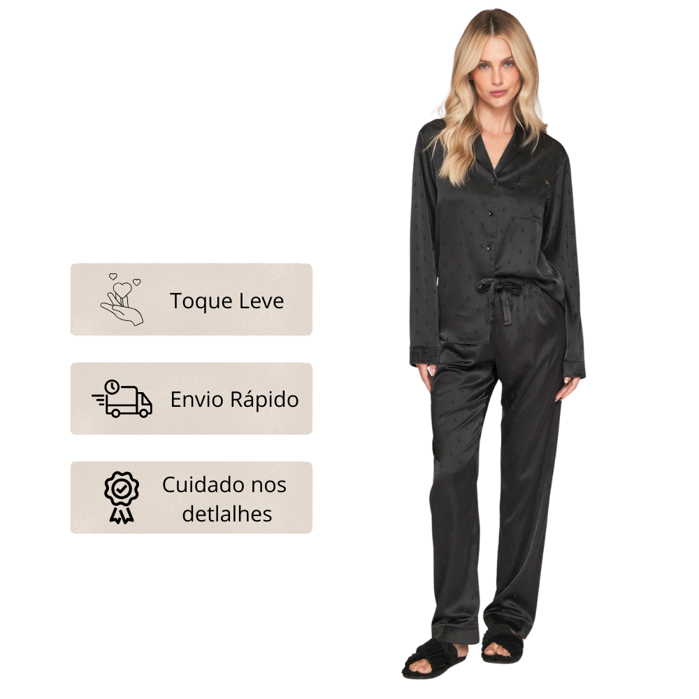 Pijama Aberto Feminino Longo em Satinê Jacquard Moon Glow