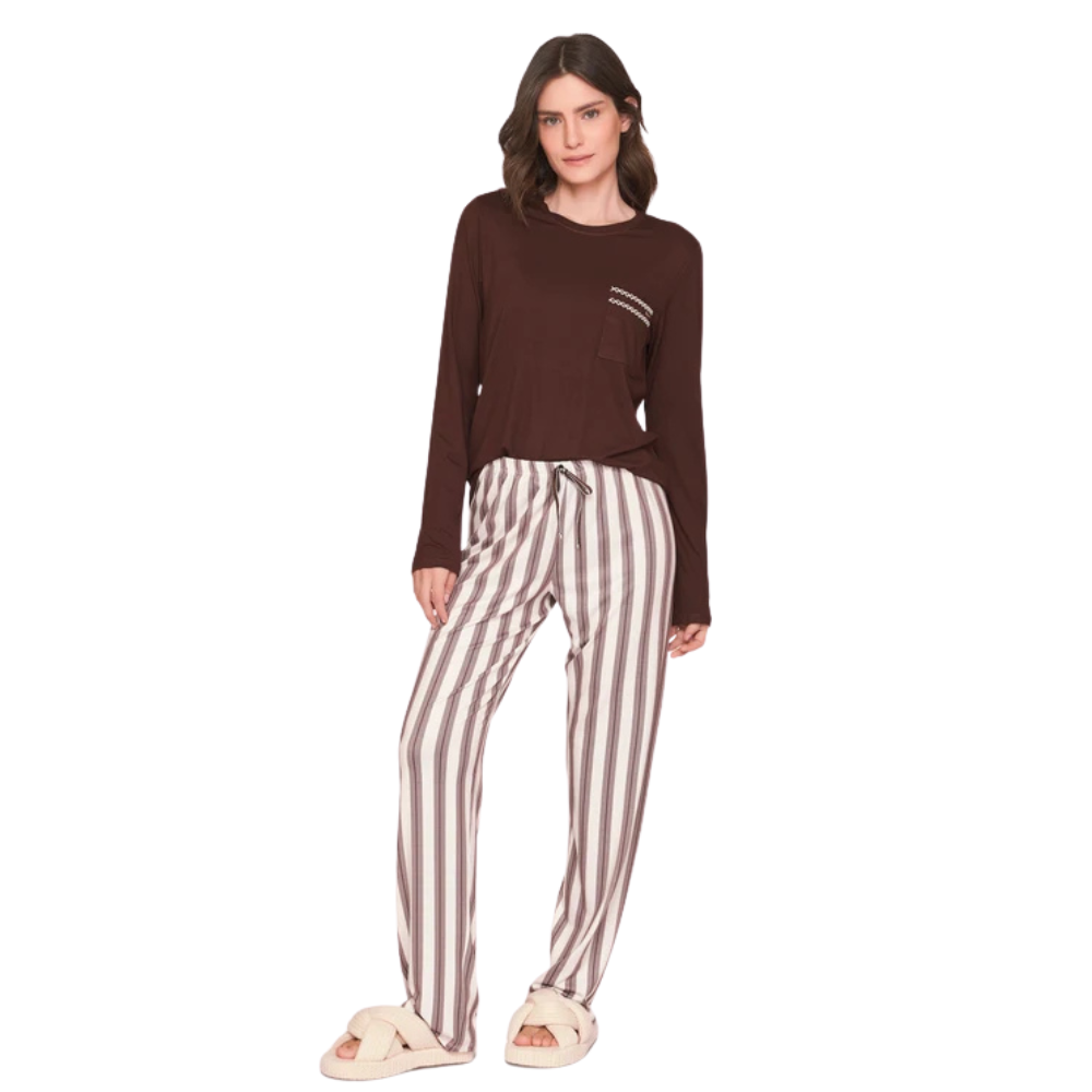 Pijama Comfort Feminino Listrado com Bordado Chic Harmony em Viscolycra Sublime Touch -  Lua Luá