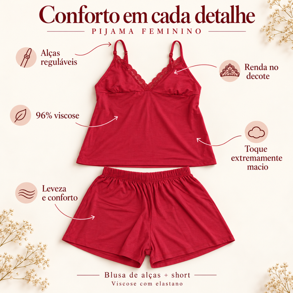 Pijama Feminino Blusa de Alça e Shorts em Viscose | Zee Rucci