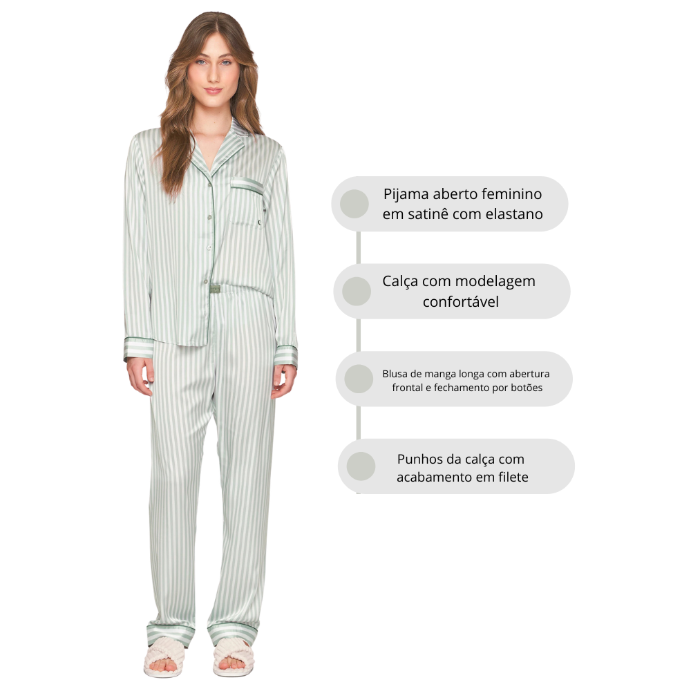 Pijama Aberto Feminino Longo em Satinê Listrado Dreams Only