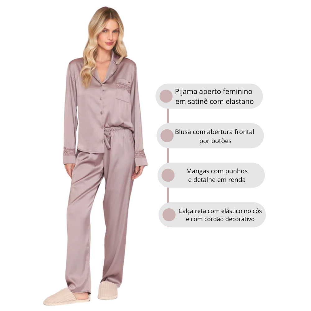 Pijama Aberto Feminino Longo em Satinê Stillness