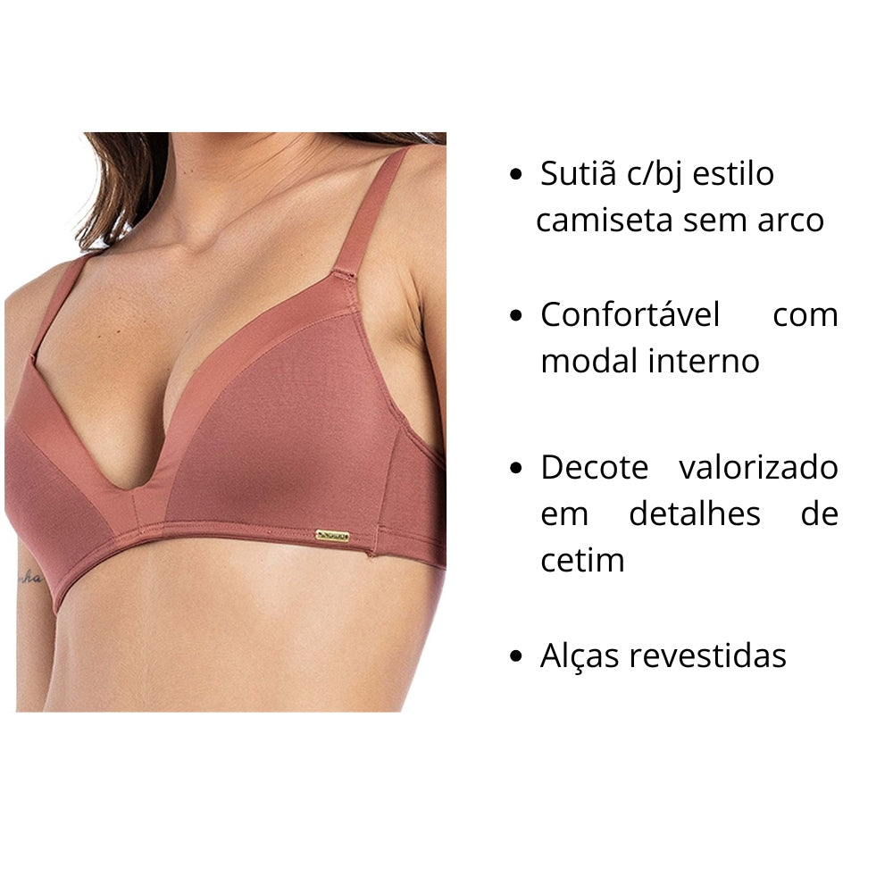 Sutiã com Bojo Camiseta Decote Valorizado em Detalhes de Cetim