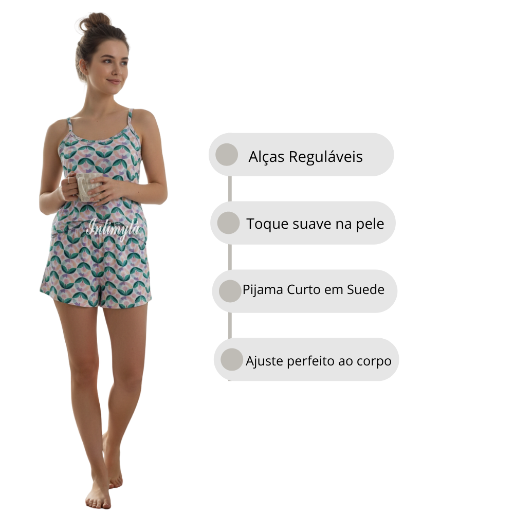 Pijama Feminino Curto com Alças Reguláveis em Suede