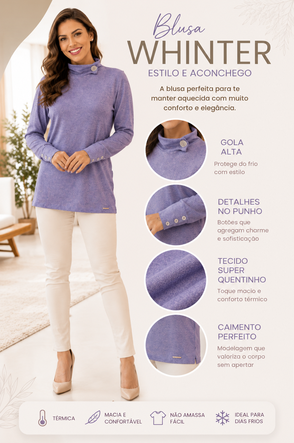 Blusa Feminina com Detalhes no Punho e Super Quentinha
