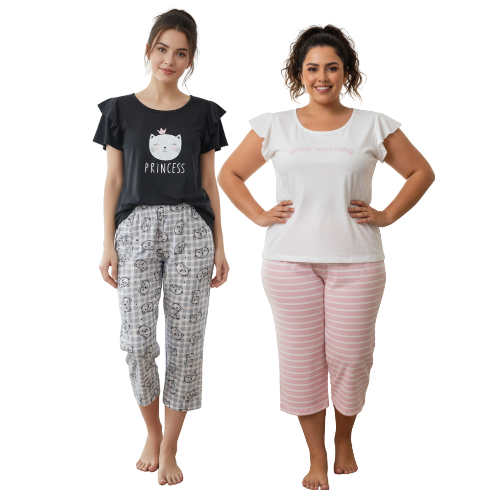 Pijama Feminino Curto Manga Babado com Capri em Visco para o Verão