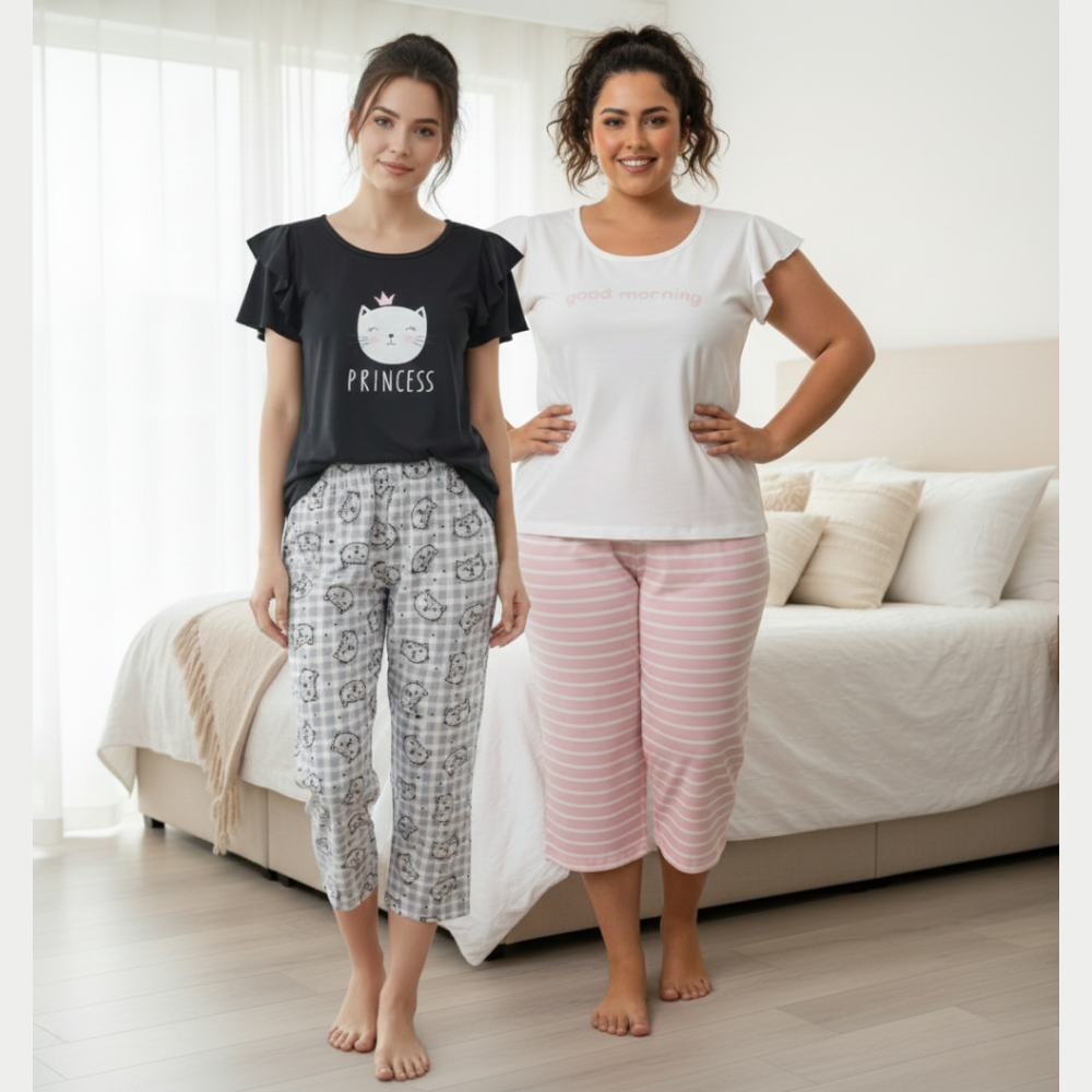 Pijama Feminino Curto Manga Babado com Capri em Visco para o Verão