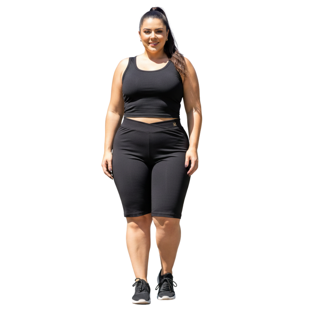Bermuda Cós Duplo Corte a Laser para Mulheres Plus Size