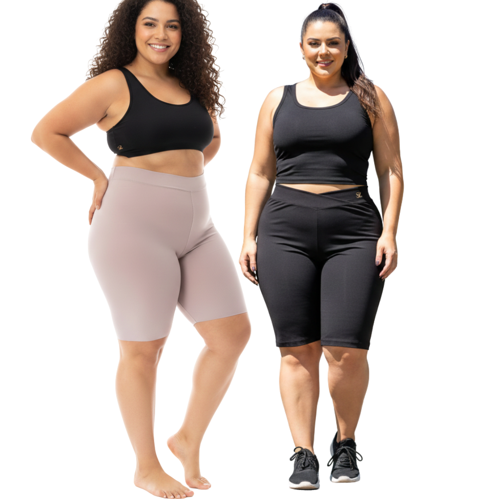 Bermuda Cós Duplo Corte a Laser para Mulheres Plus Size