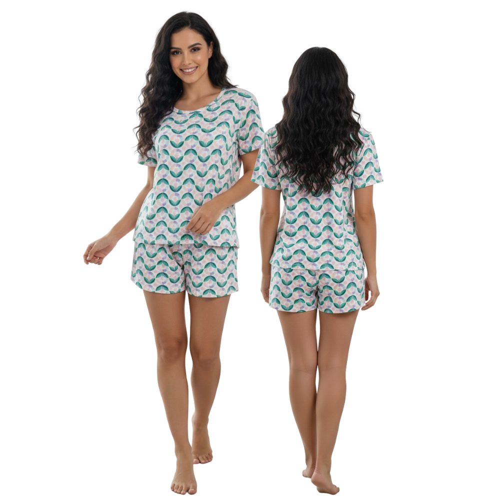 Pijama Feminino Curto Manga Verão em Suede