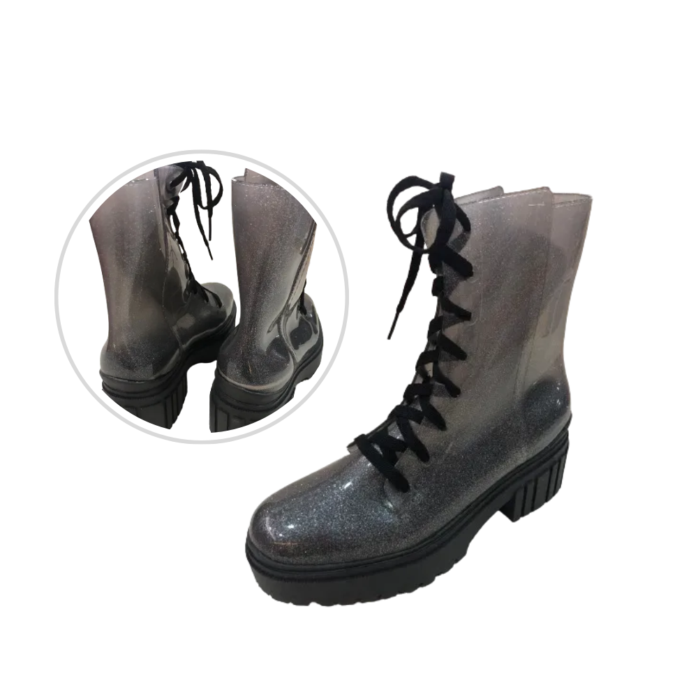 Bota em Glitter Preto em J-Lastic Estilo Coturno com Cano Médio