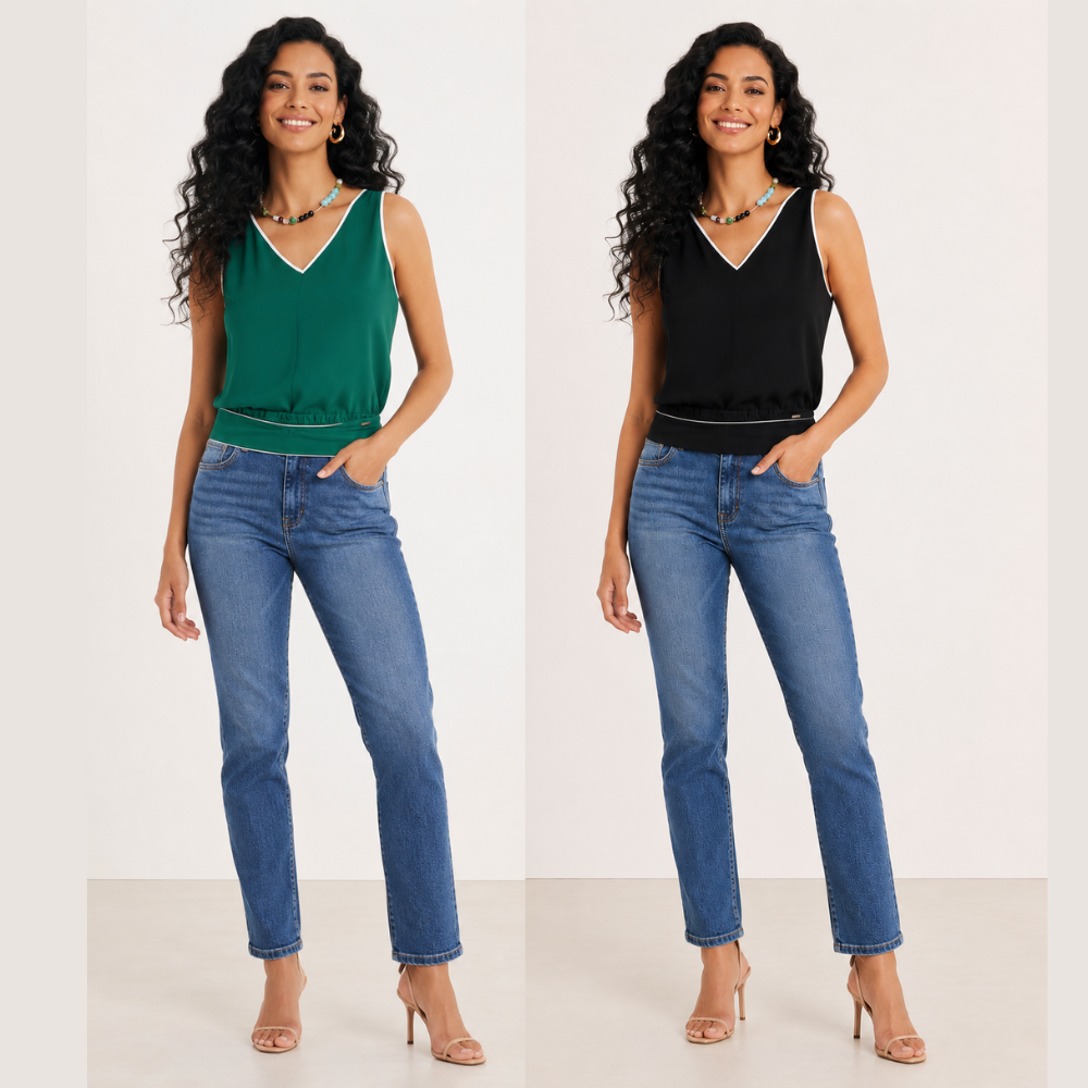 Blusa Feminina Regata Modelagem Reta e Decote em V