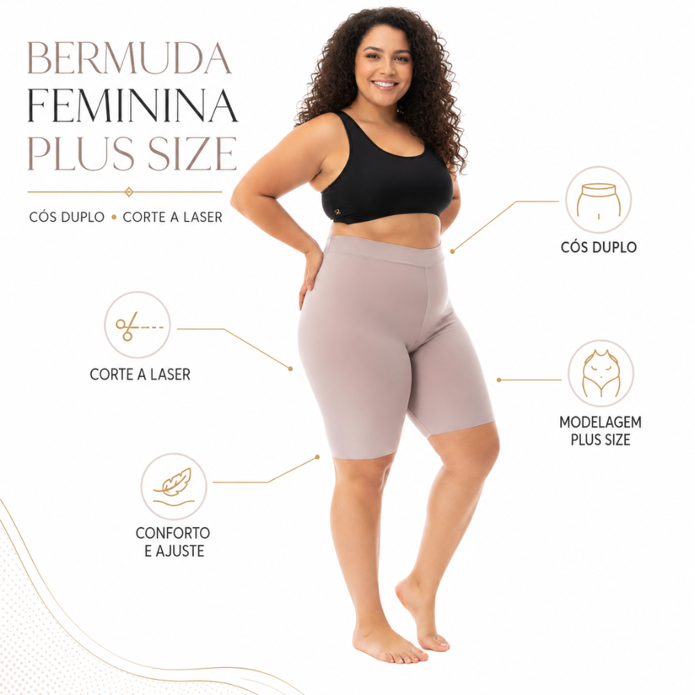 Bermuda Feminina Plus Size com Cós Duplo e Corte a Laser | Sizély