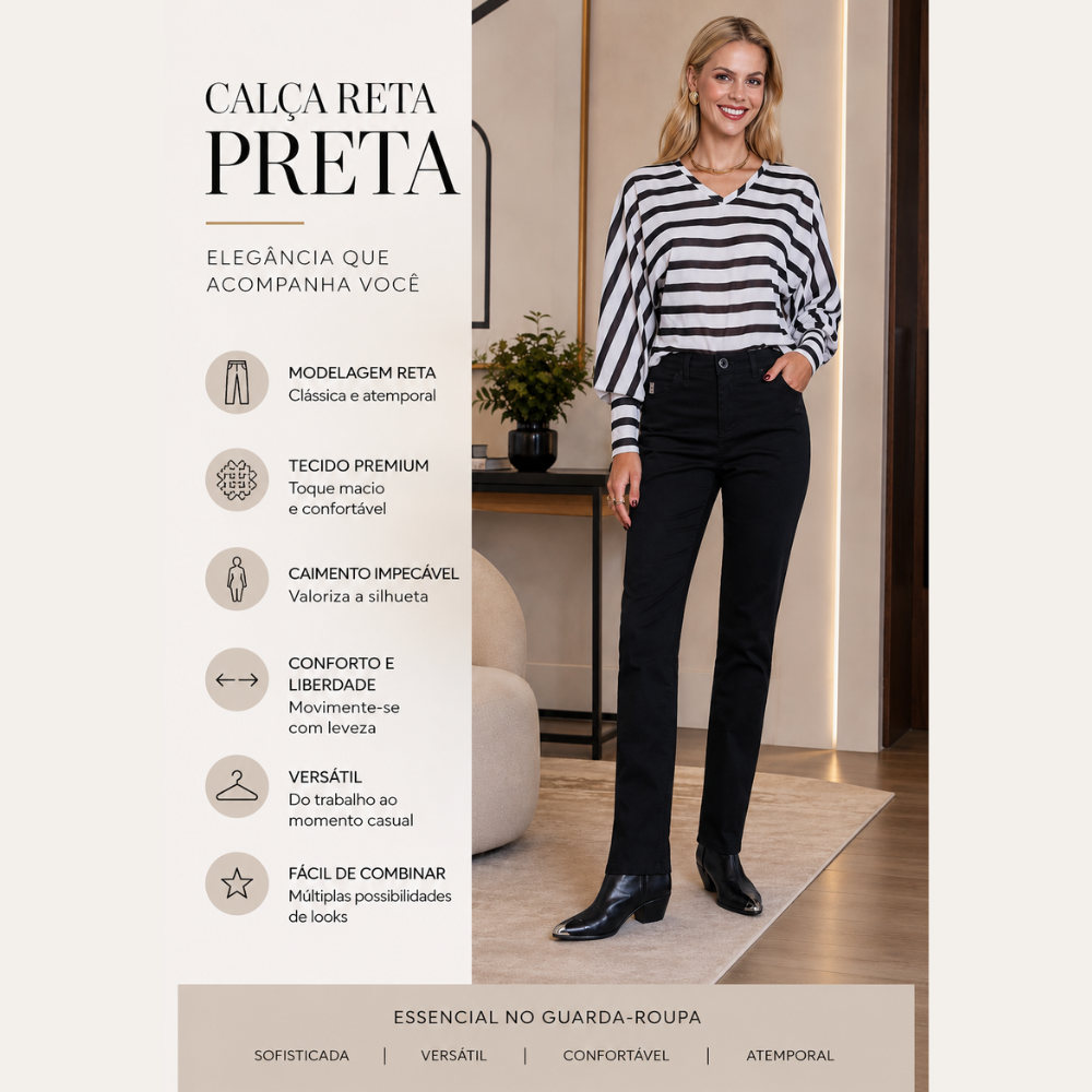 Calça Feminina Preta Reta - A Peça Essencial para um Guarda-Roupa
