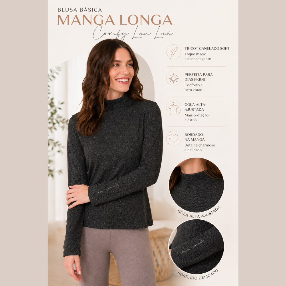 Blusa Básica Feminina Manga Longa Comfy Lua Luá