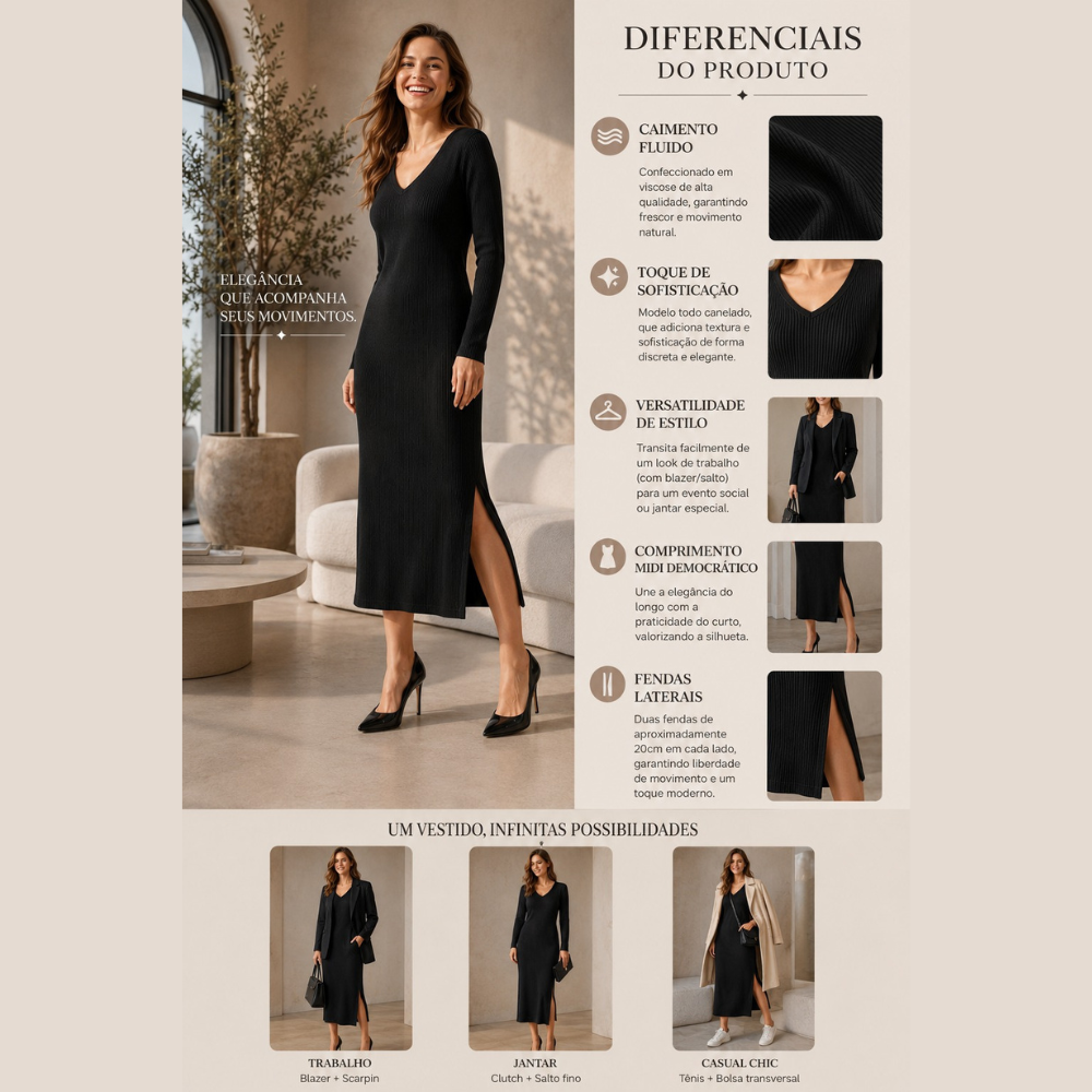 Vestido Feminino Canelado e Atemporal