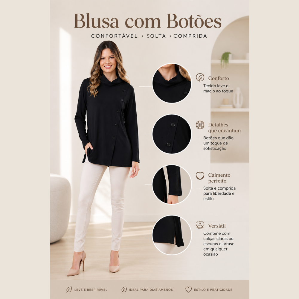 Blusa com Botões Confortável Solta e Comprida Peregrino