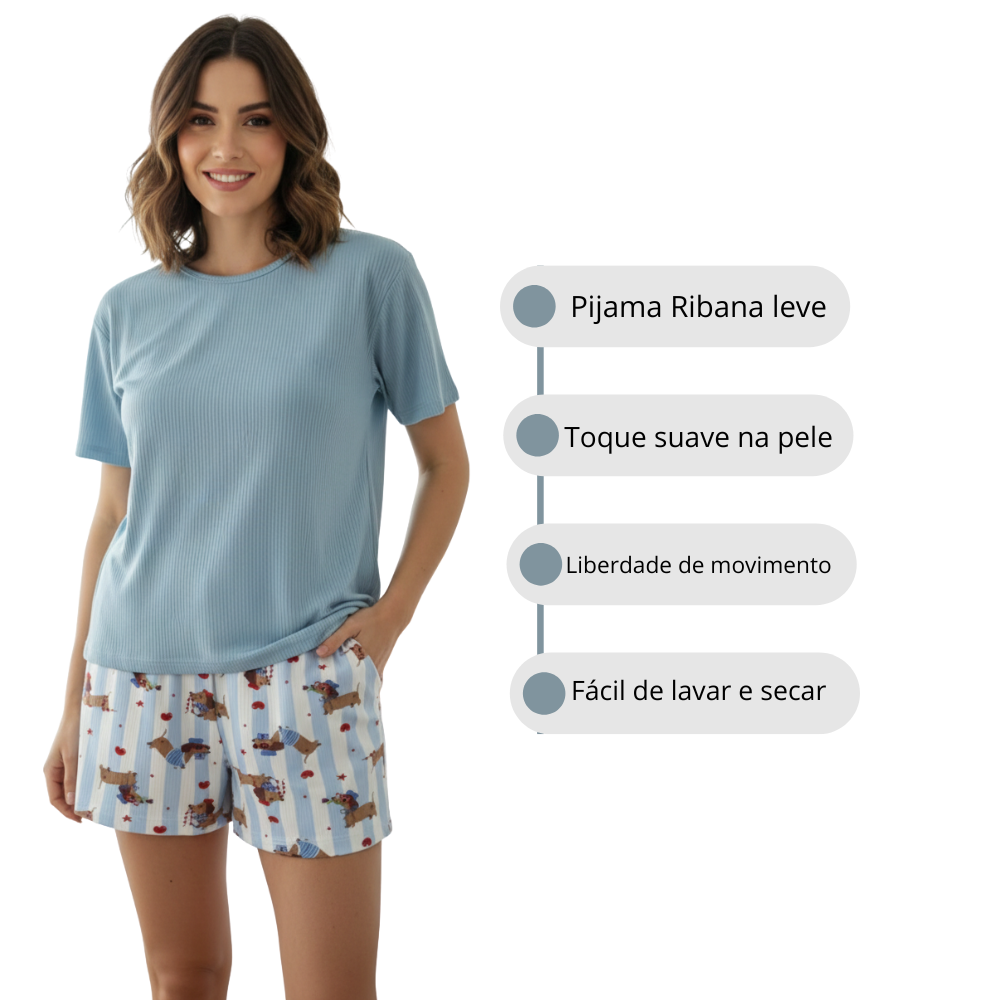 Pijama Curto Feminino Manga Ribana Verão