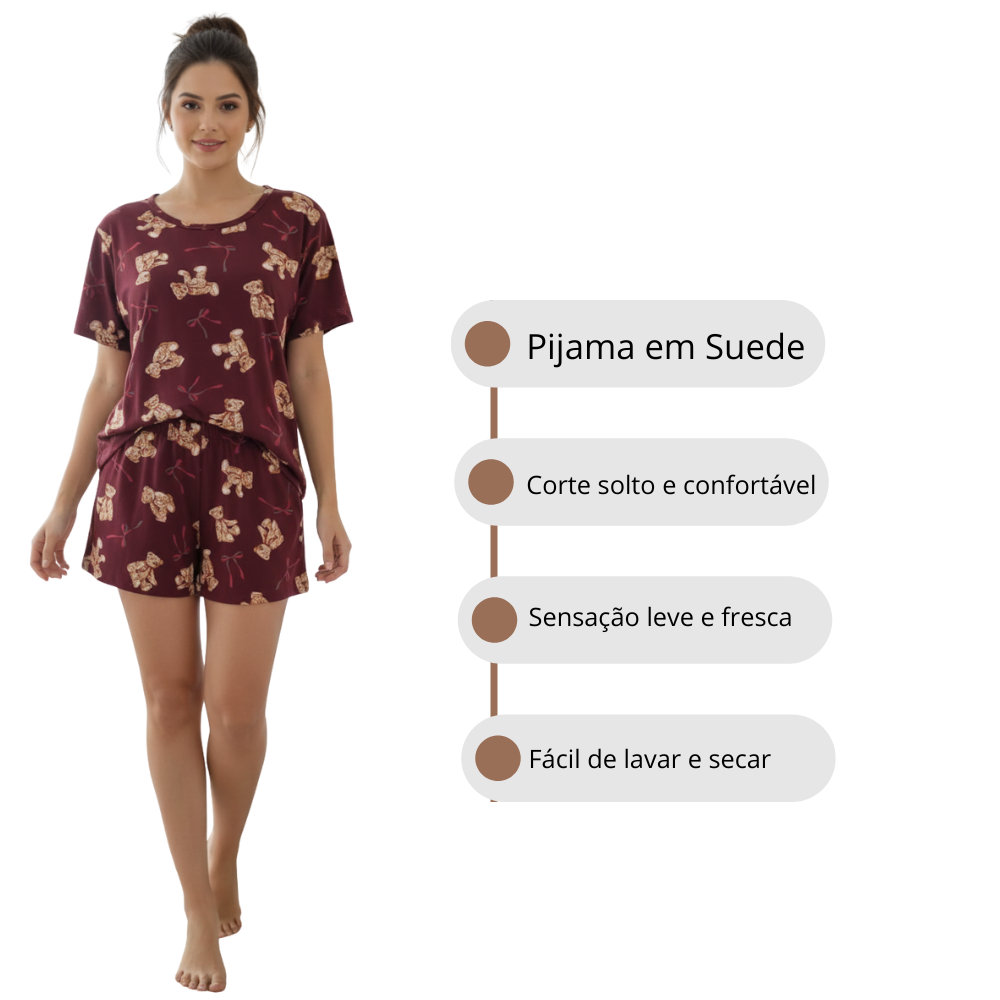 Pijama Feminino Curto Manga Verão em Suede