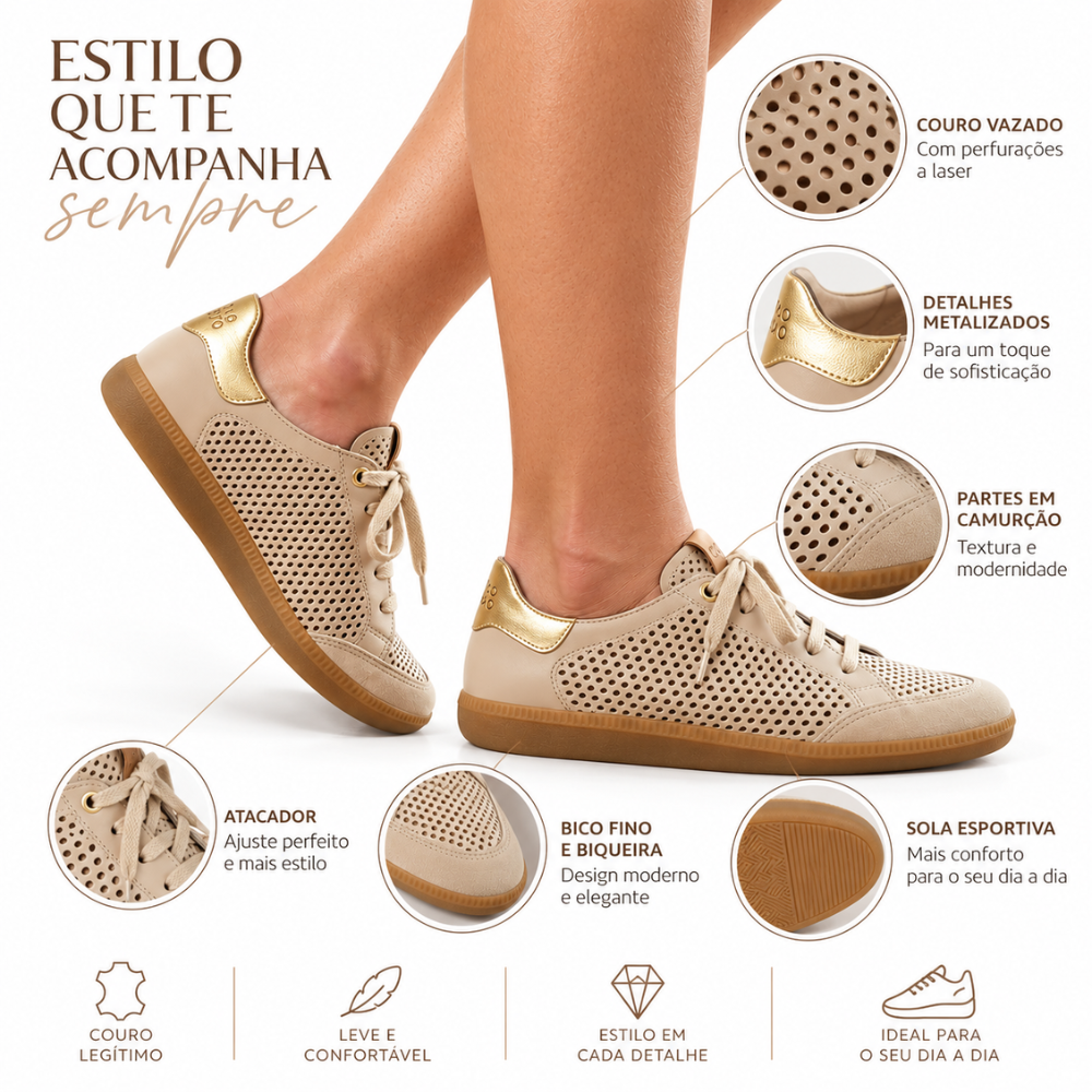 Tênis Bege em Couro Vazado - Estilo e Conforto