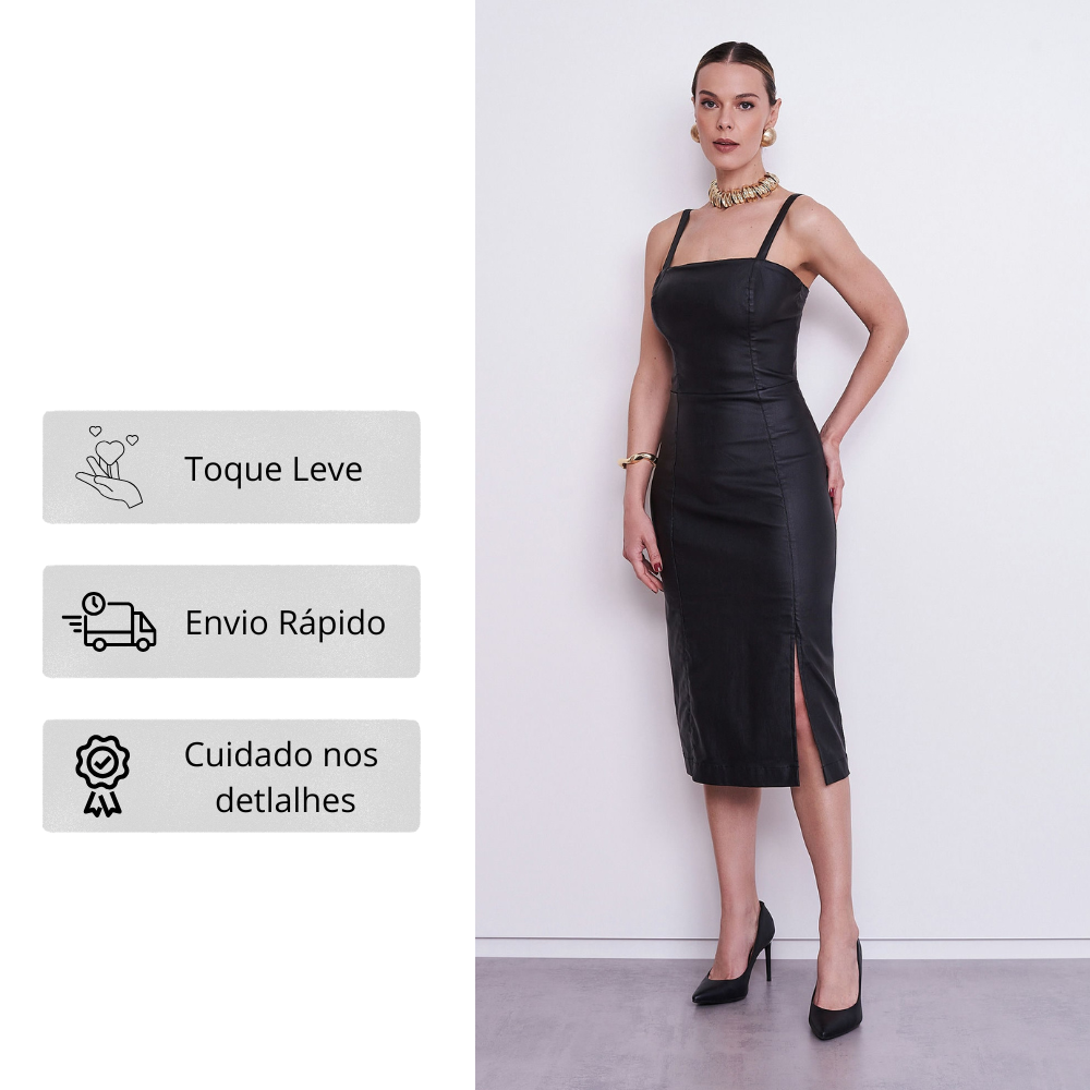 Vestido Midi Justo Resinando Efeito Couro Perfeito para Dia ou Noite  - Ilícito