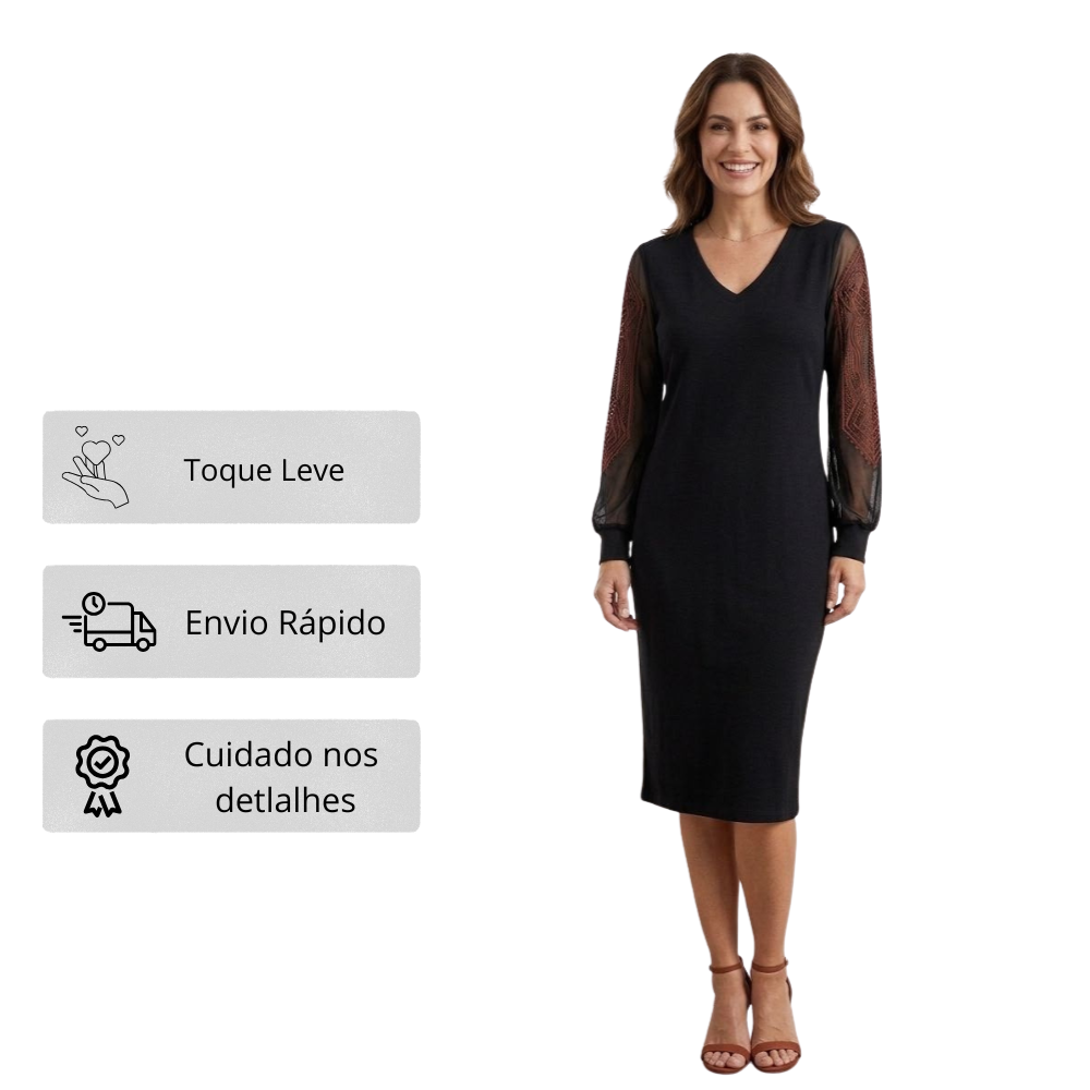 Vestido Midi de Viscose com Manga de Tule Elegante e Chic Tamanho M
