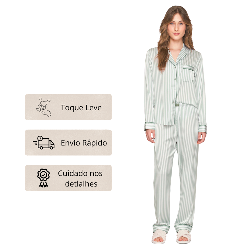 Pijama Aberto Feminino Longo em Satinê Listrado Dreams Only