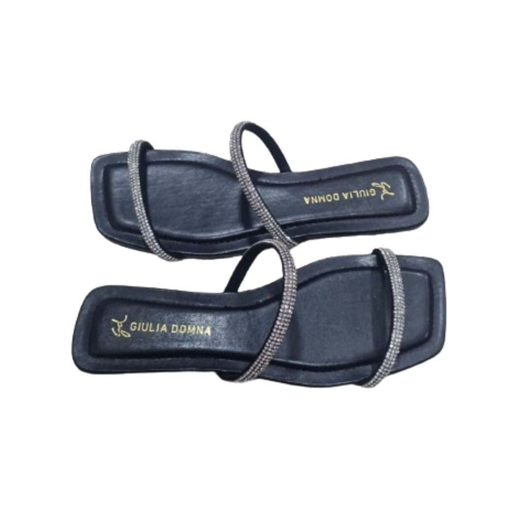 Sandália Feminina Preta em Couro com Strass Cristal