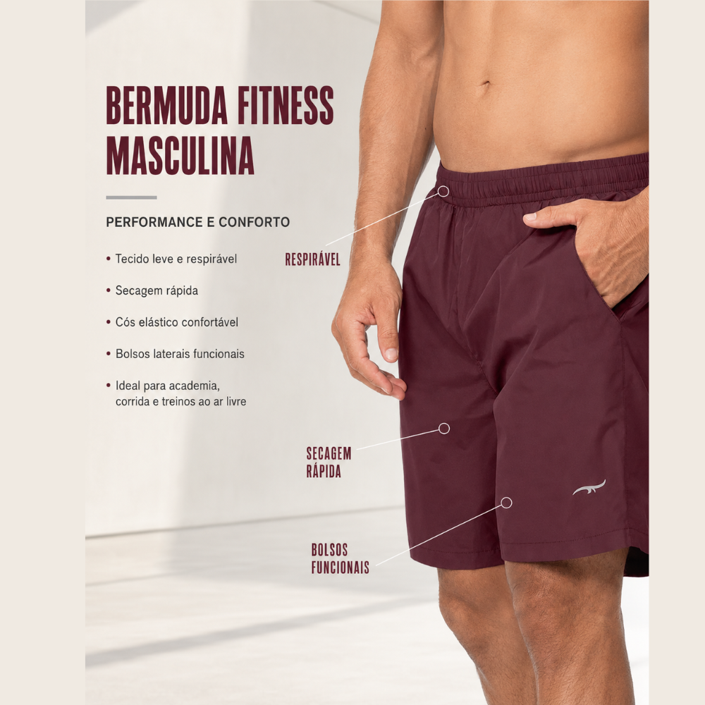 Bermuda Masculina Training Tecido Leve e Respirável Cós Alto Bolsos Funcionais