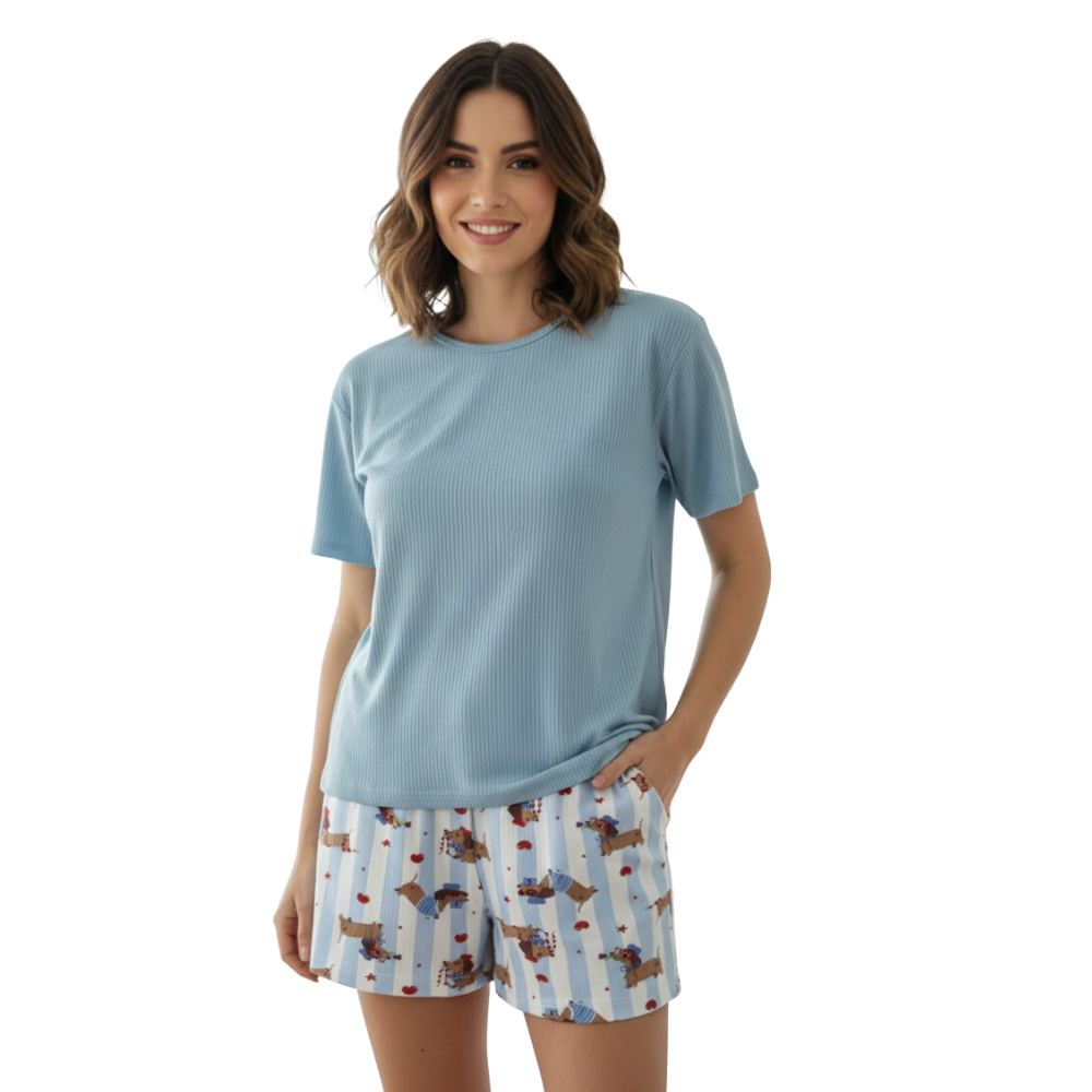 Pijama Curto Feminino Manga Ribana Verão