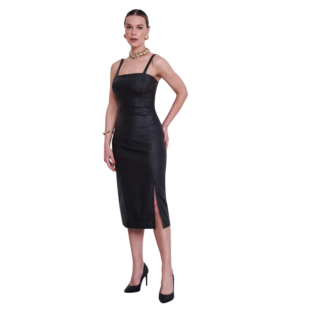 Vestido Midi Justo Resinando Efeito Couro Perfeito para Dia ou Noite  - Ilícito