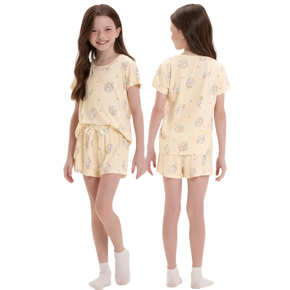 Pijama Infantil Feminino Manga Curta Com Shorts em Malha Visco Comfy