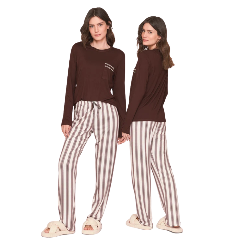 Pijama Comfort Feminino Listrado com Bordado Chic Harmony em Viscolycra Sublime Touch -  Lua Luá