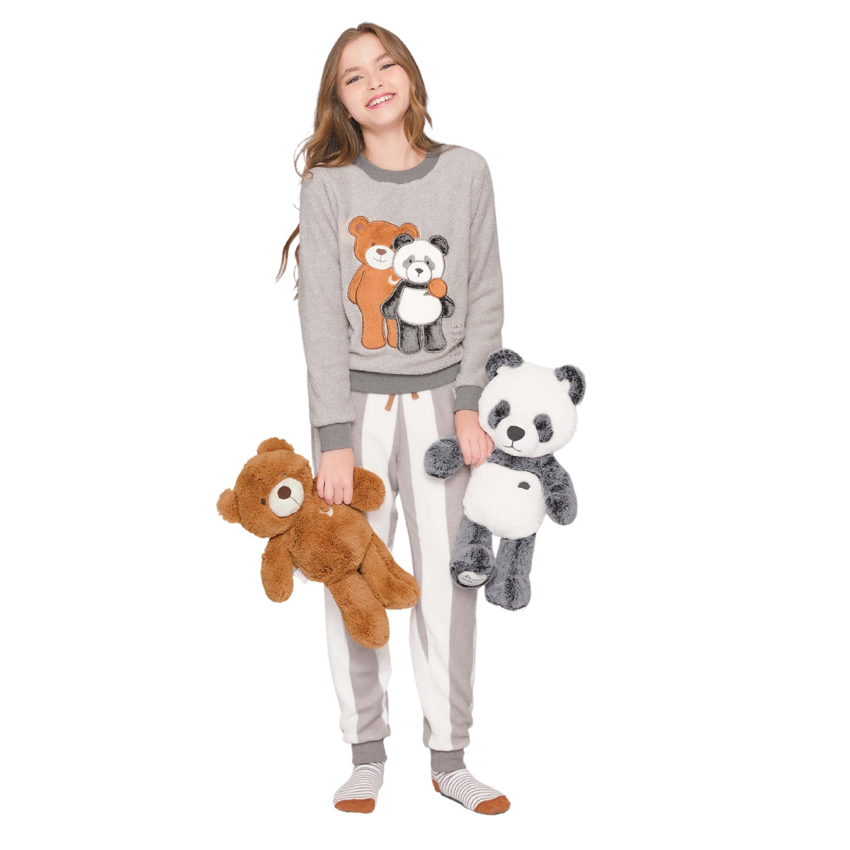 Pijama em Fleece Infantil Estampa de Listras e Acabamento Canelado
