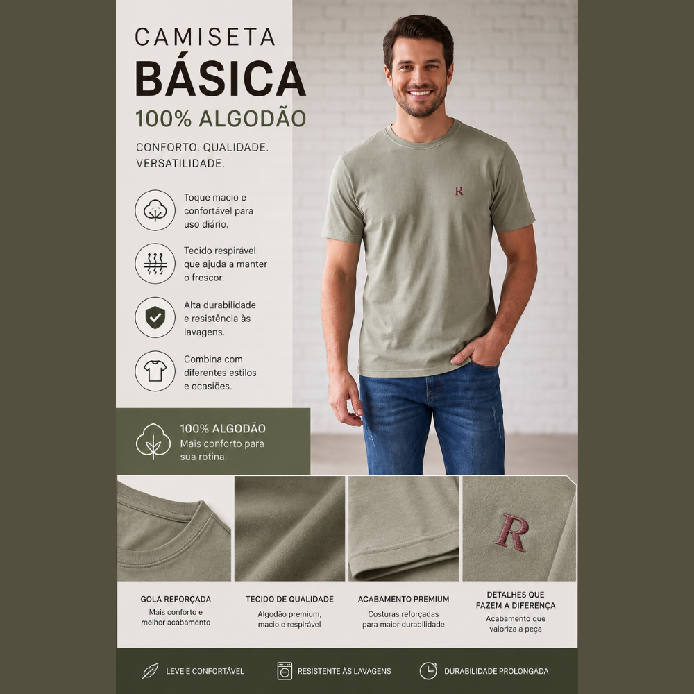 Camiseta Básica Masculina 100% Algodão