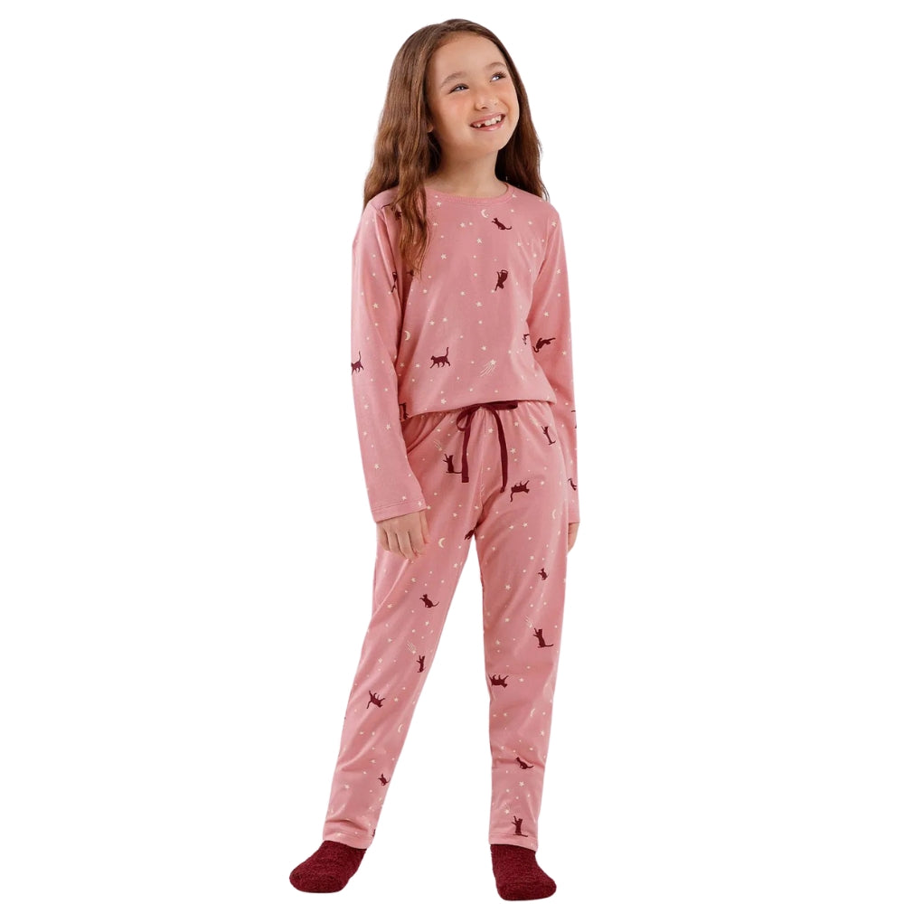 Pijama Feminino Infantil em Algodão com Manga Longa com Calça