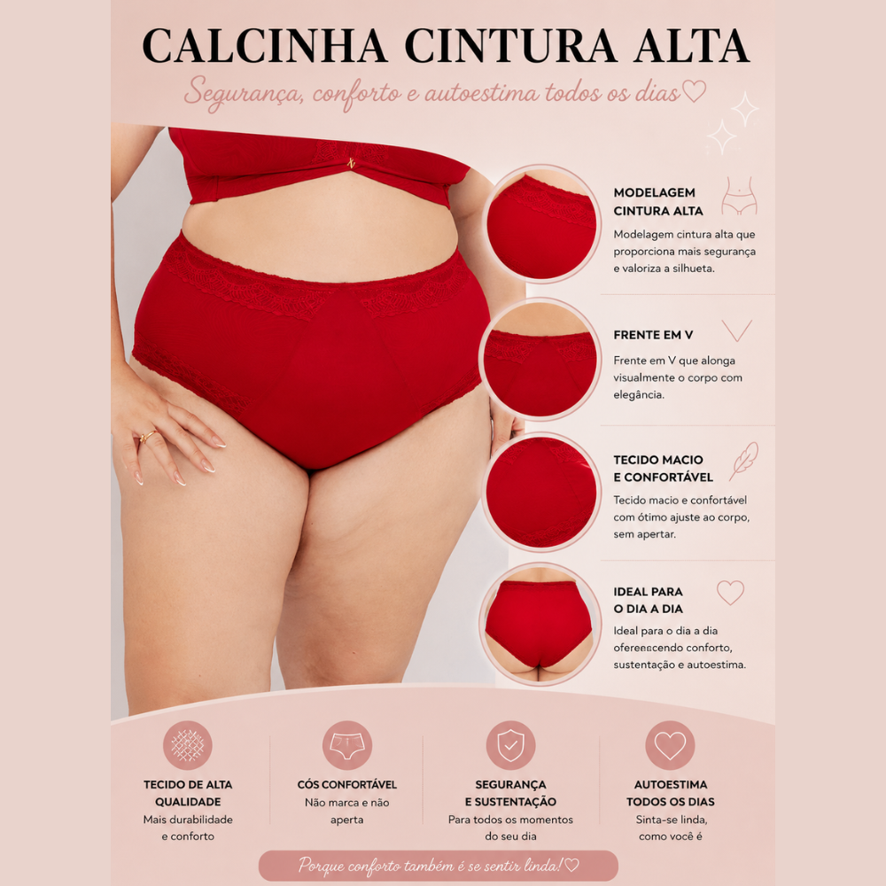 Calcinha Plus Size Cintura Alta Frente V Modeladora Confortável