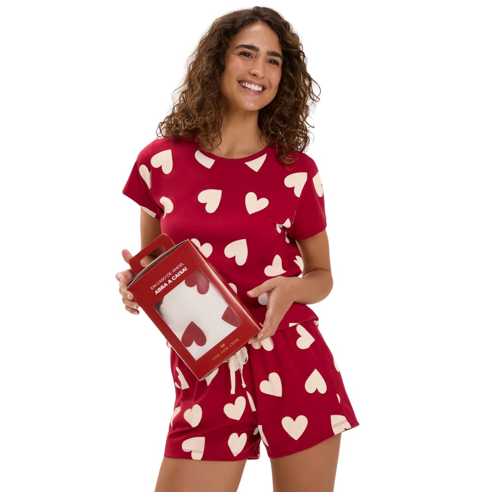 Pijama Feminino Manga Curta Com Shorts em Algodão