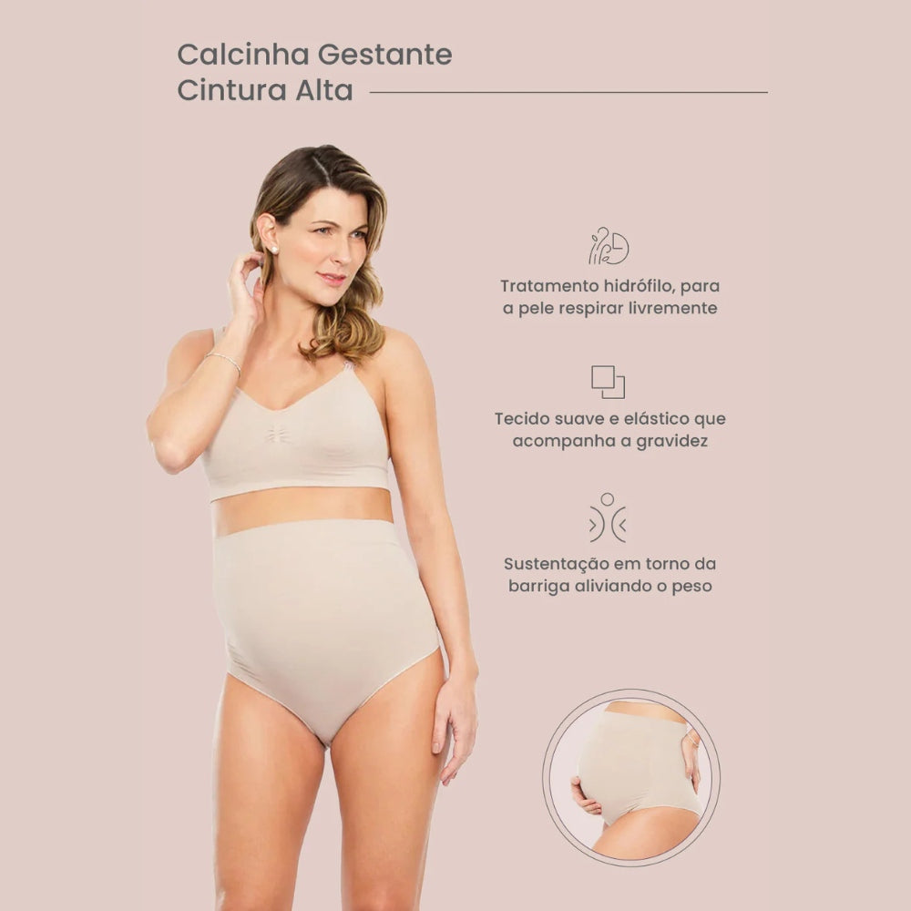 Calcinha Gestante Cintura Alta Cós Largo e sem Costuras Laterais