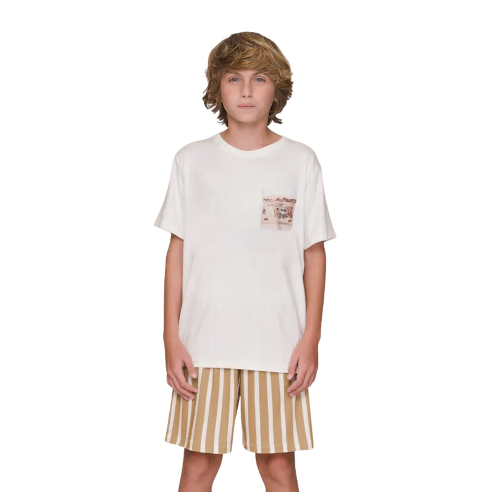 Pijama Curto Infantil Masculino Camiseta com Bolso e Shorts Listrado A Hidden Place em Malha Mercerizada - Sublime Touch