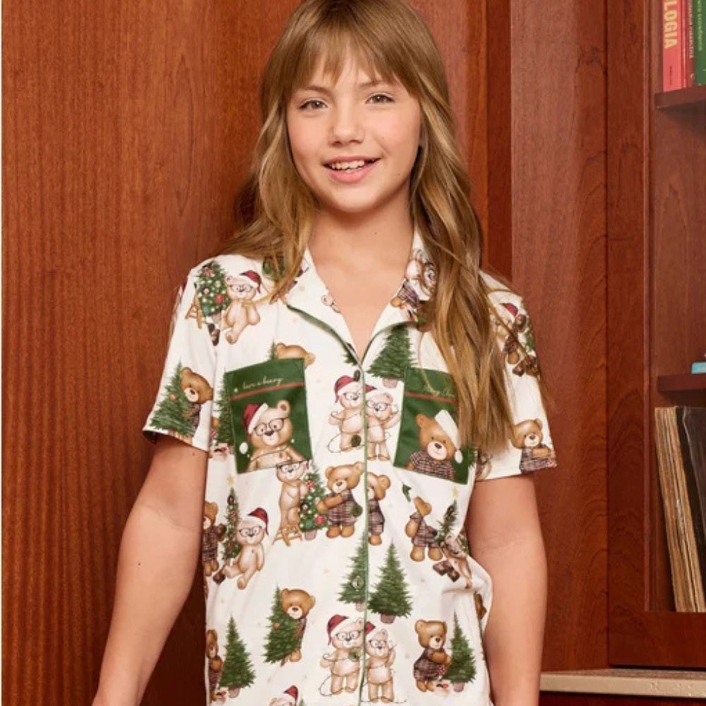 Pijama Aberto Short Infantil Feminino Especial Natal Bears Wishes em Sublime Touch