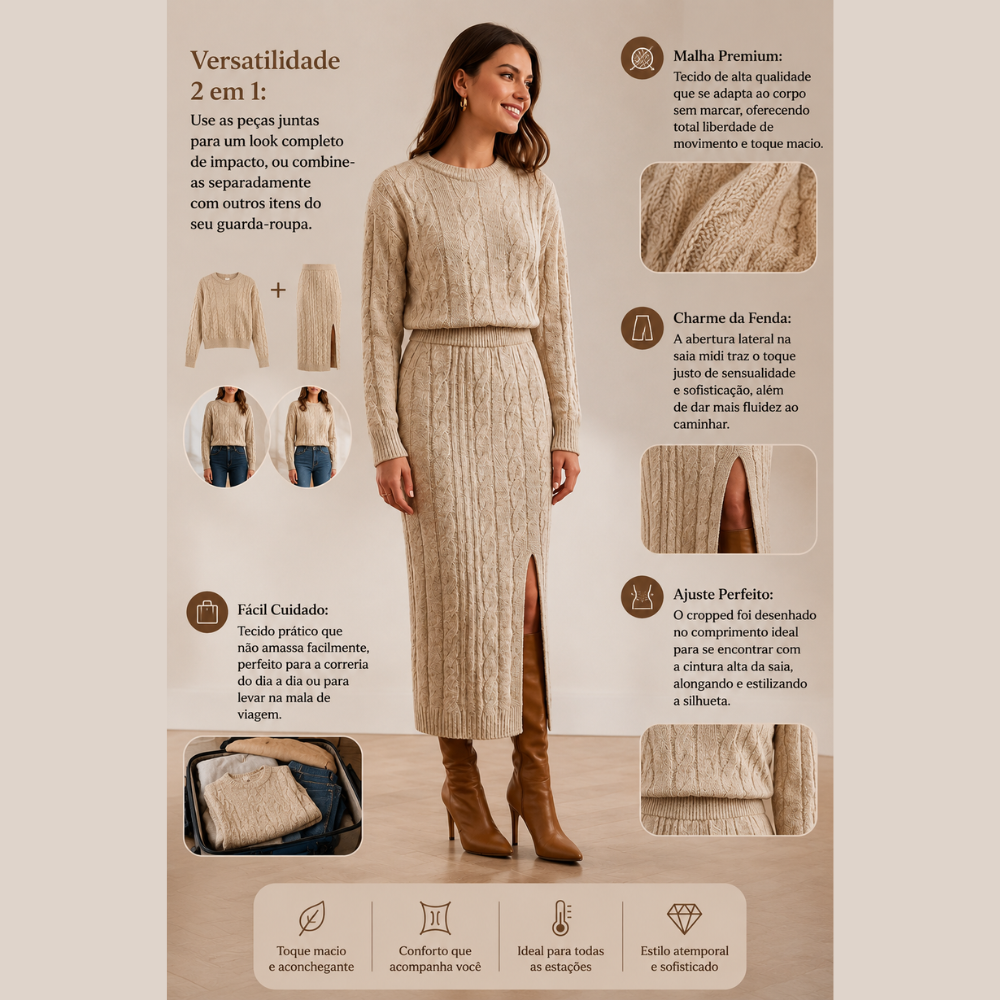 Conjunto de Malha Saia Midi com Fenda e Cropped Tendência e Conforto