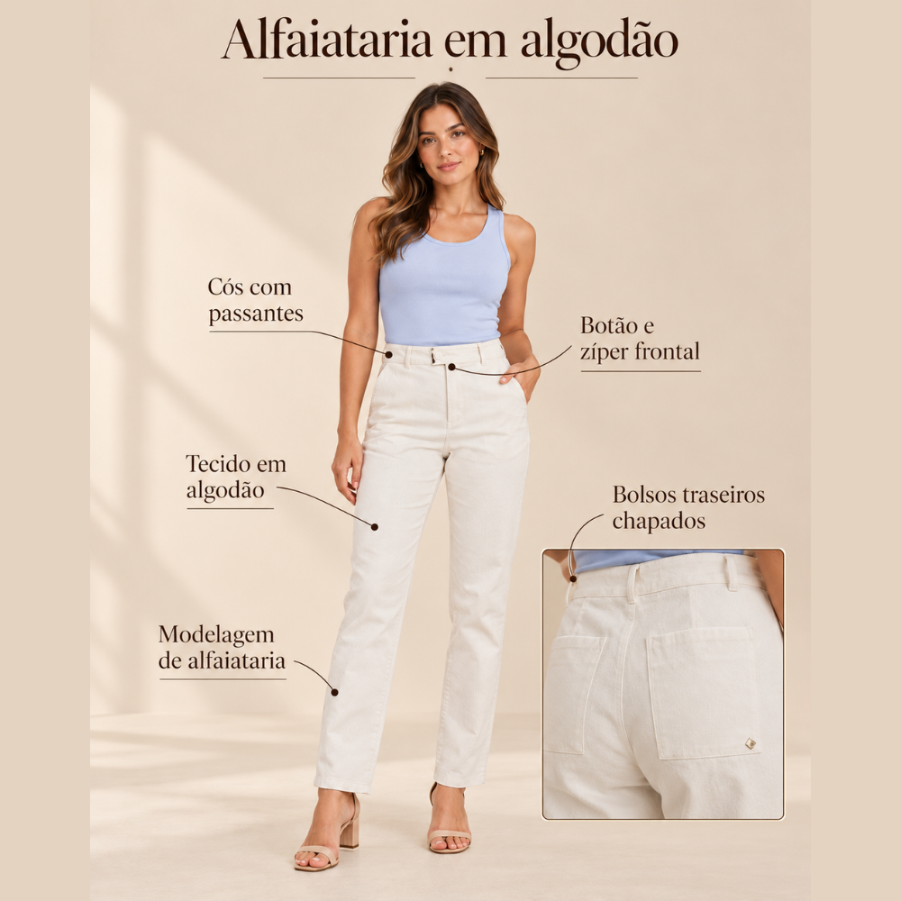 Calça Feminina Alfaiataria em Algodão Off White Ilícito