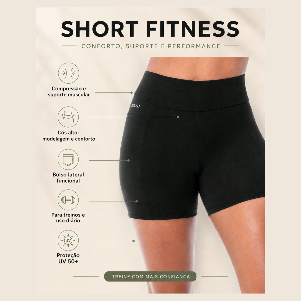 Bermuda Short Legging Fitness Proteção UV50+ com Bolso Lateral e Cós Alto