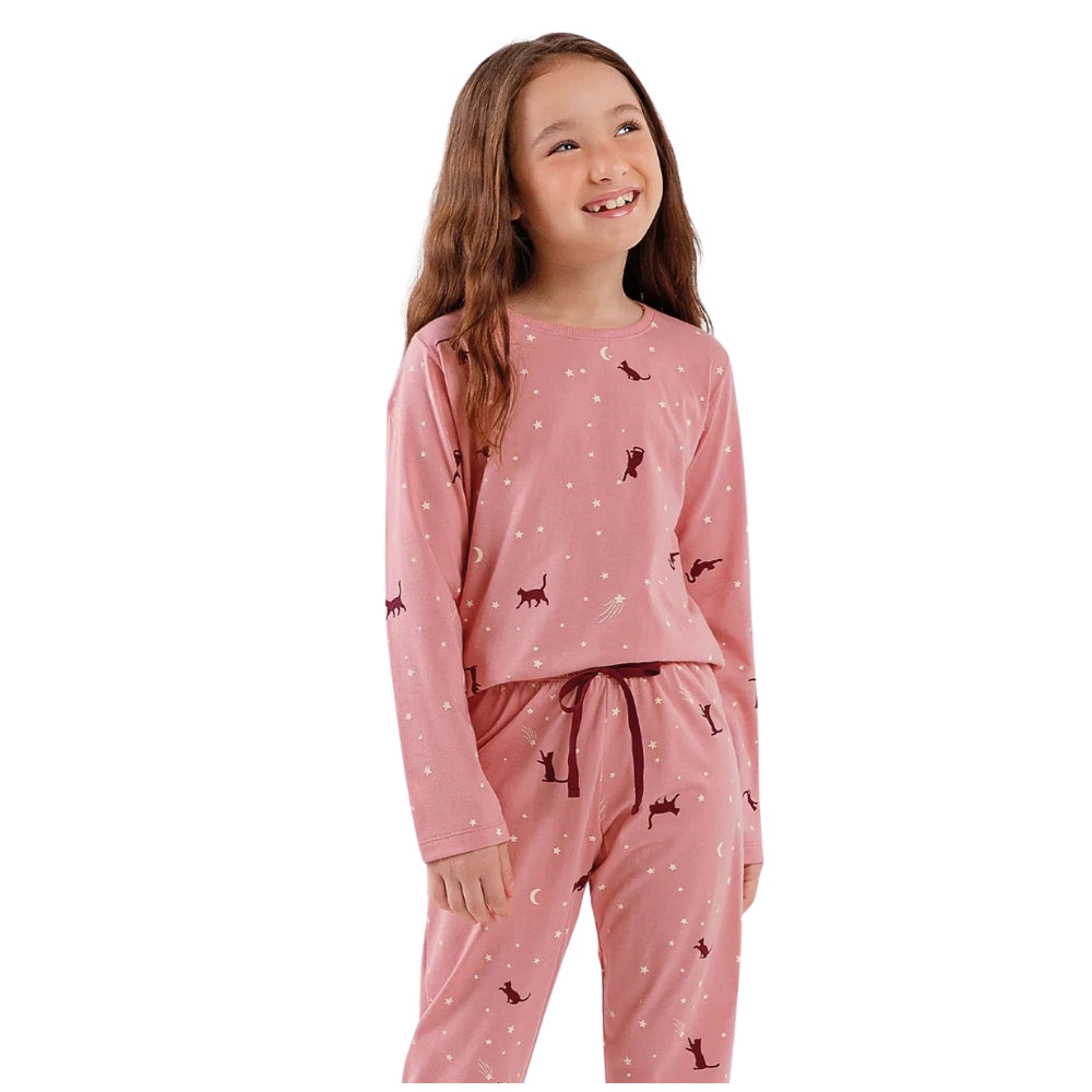 Pijama Feminino Infantil em Algodão com Manga Longa com Calça