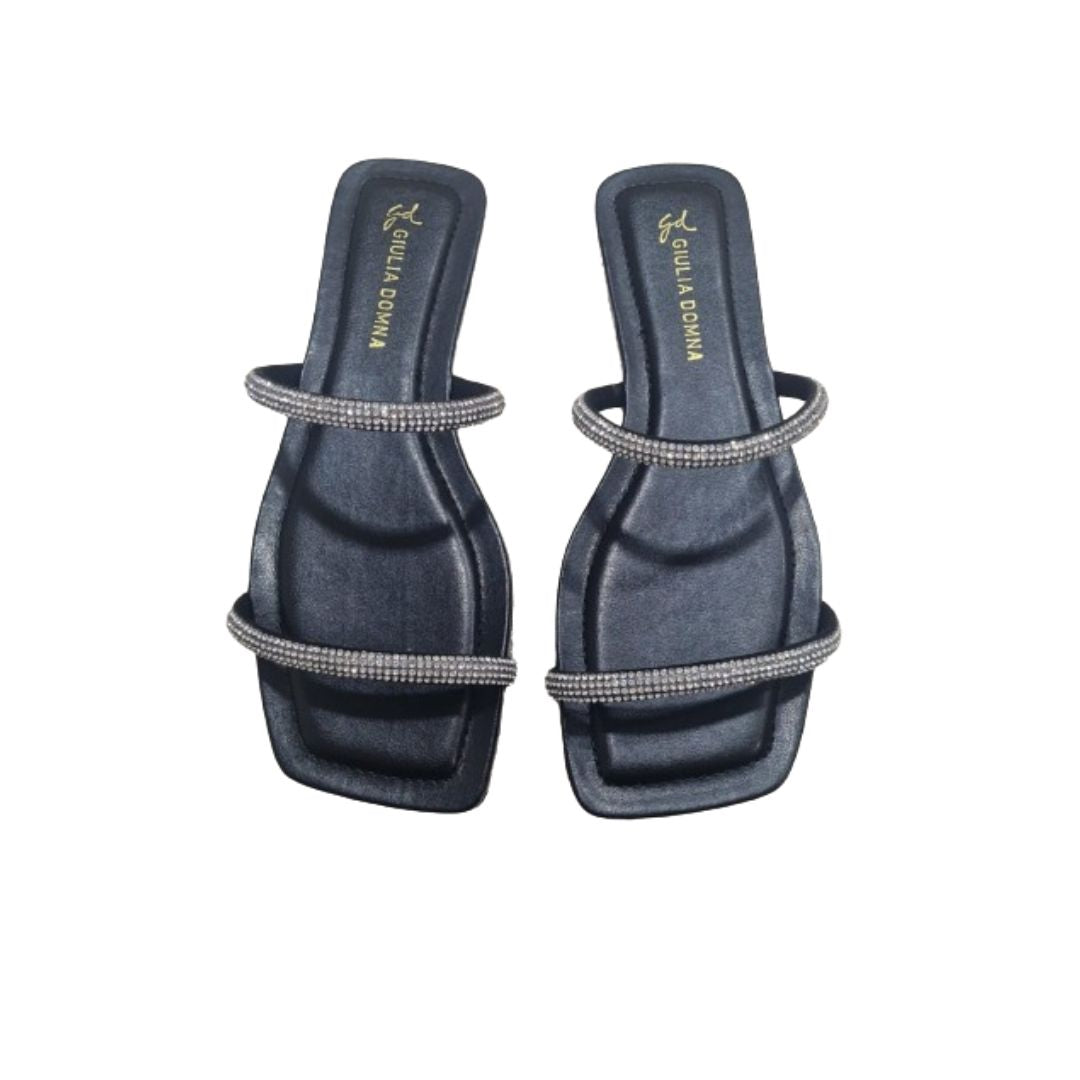 Sandália Feminina Preta em Couro com Strass Cristal